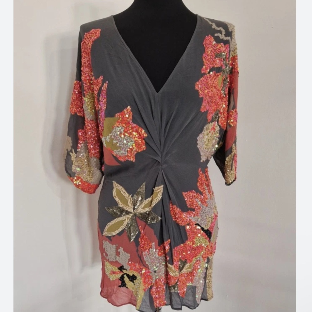 All Saints London Gray Brown Tunic with Rust & Tan Sequin Accents Size 10